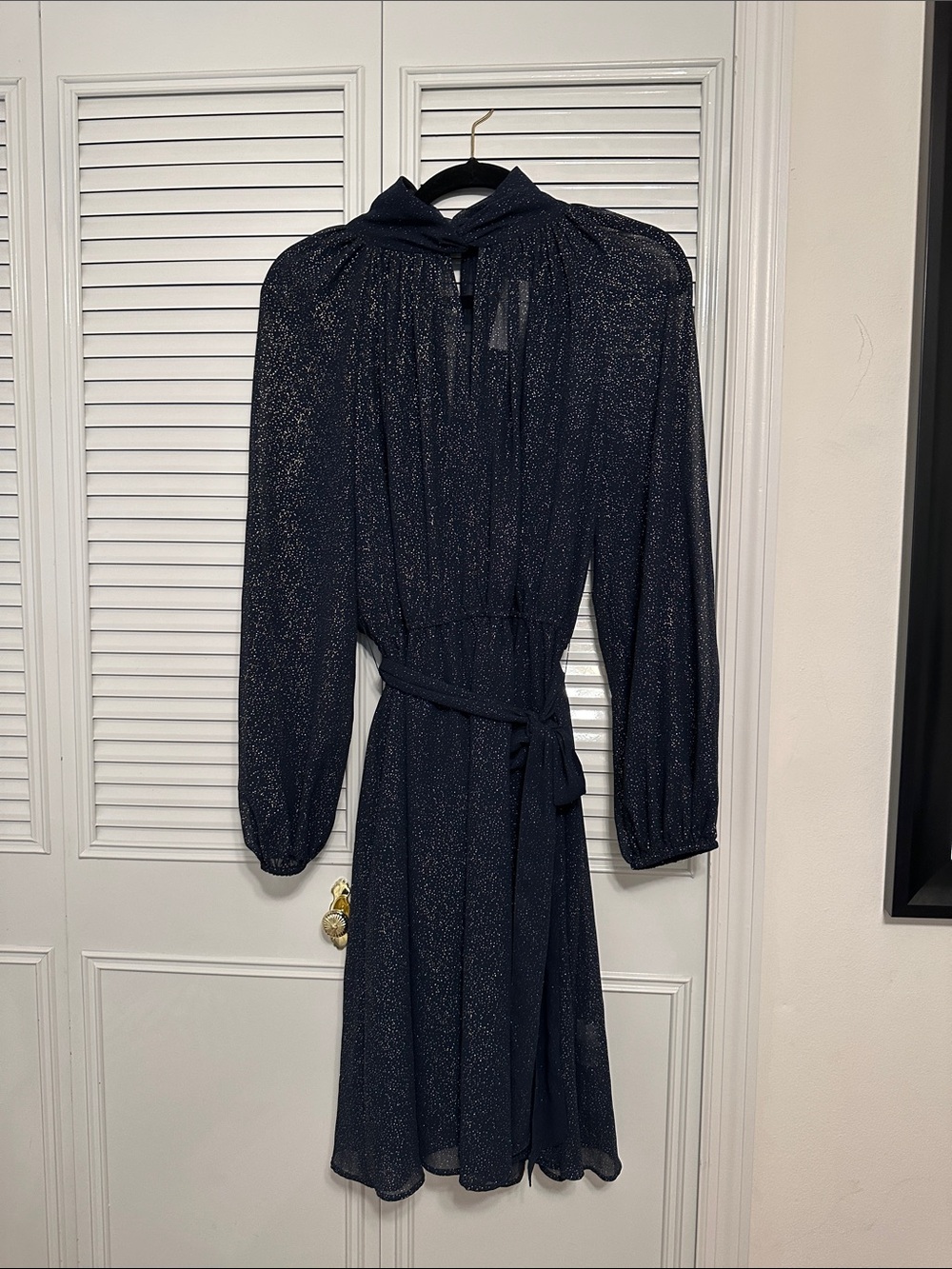 Banana Republic Factory Navy Sparkle Long-Sleeve Tie-Waist Dress Fit & Flare